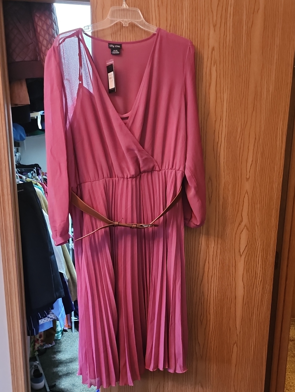 City Chic Pink Pleated Wrap Midi Dress with Belt